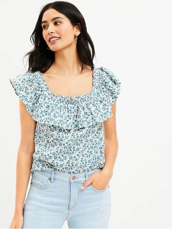 LOFT Tops - LOFT Floral Ruffle Sleeve Square-Neck Women's Top - Size Petite Small